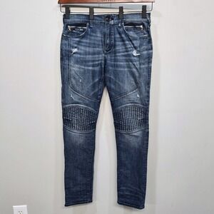 True Religion Geno Relaxed Slim Jean Men 33 Moto Biker Distressed Zipper Pockets